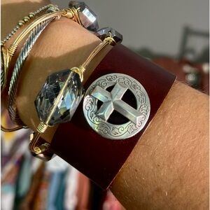 Brown Genuine Leather Bracelet with Silver Concho Cross